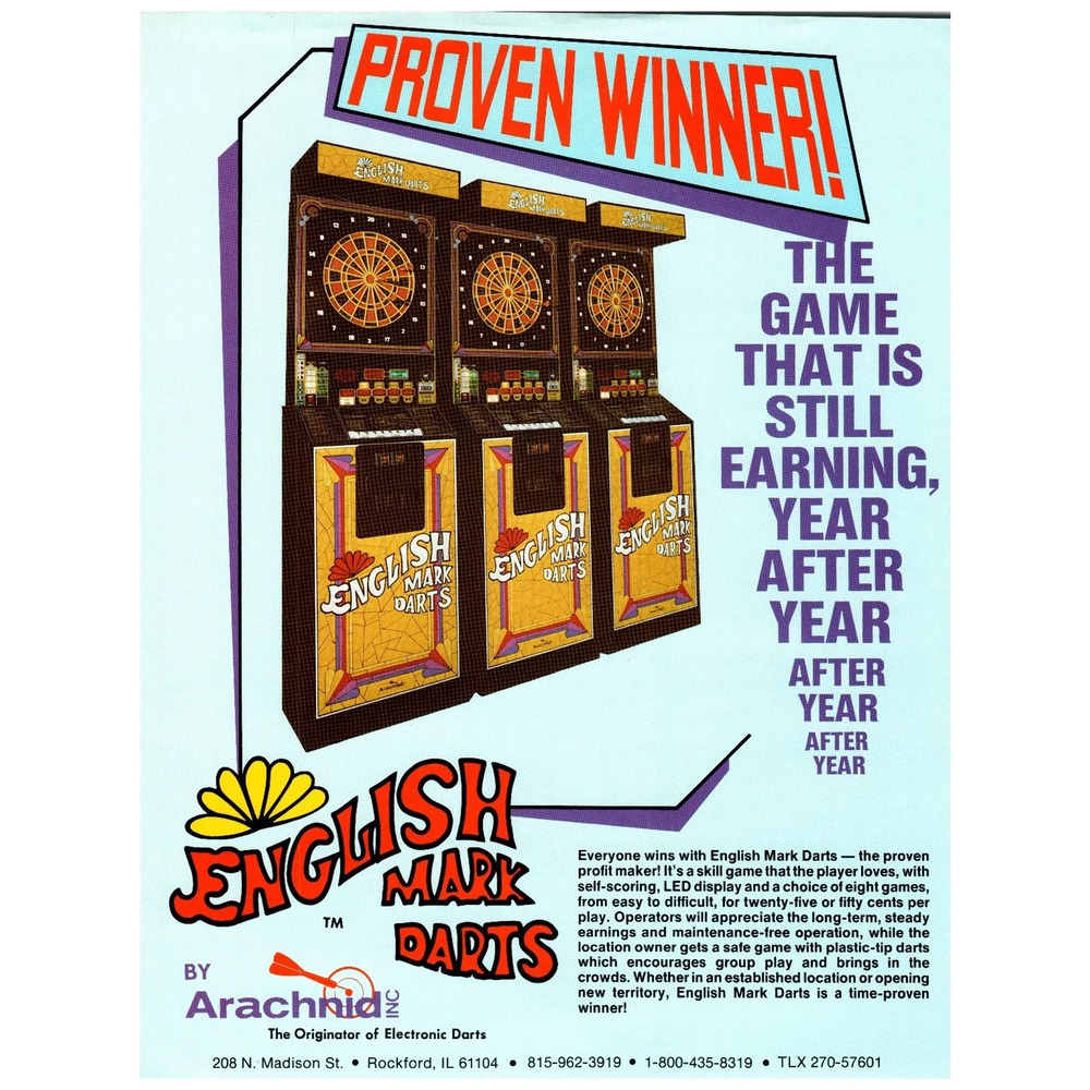 1984 English Mark Darts Arcade Game Flyer Arachid Rockford IL Vintage